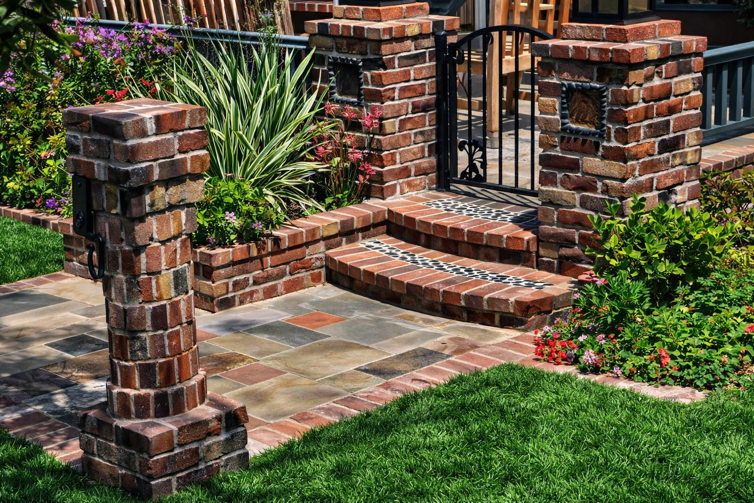 A brick entrance gate with a small black wrought-iron gate, brick pillars, and a brick wall. There are plants and colorful flowers surrounding the entrance, with a stone-paved walkway and lush green grass in the foreground.