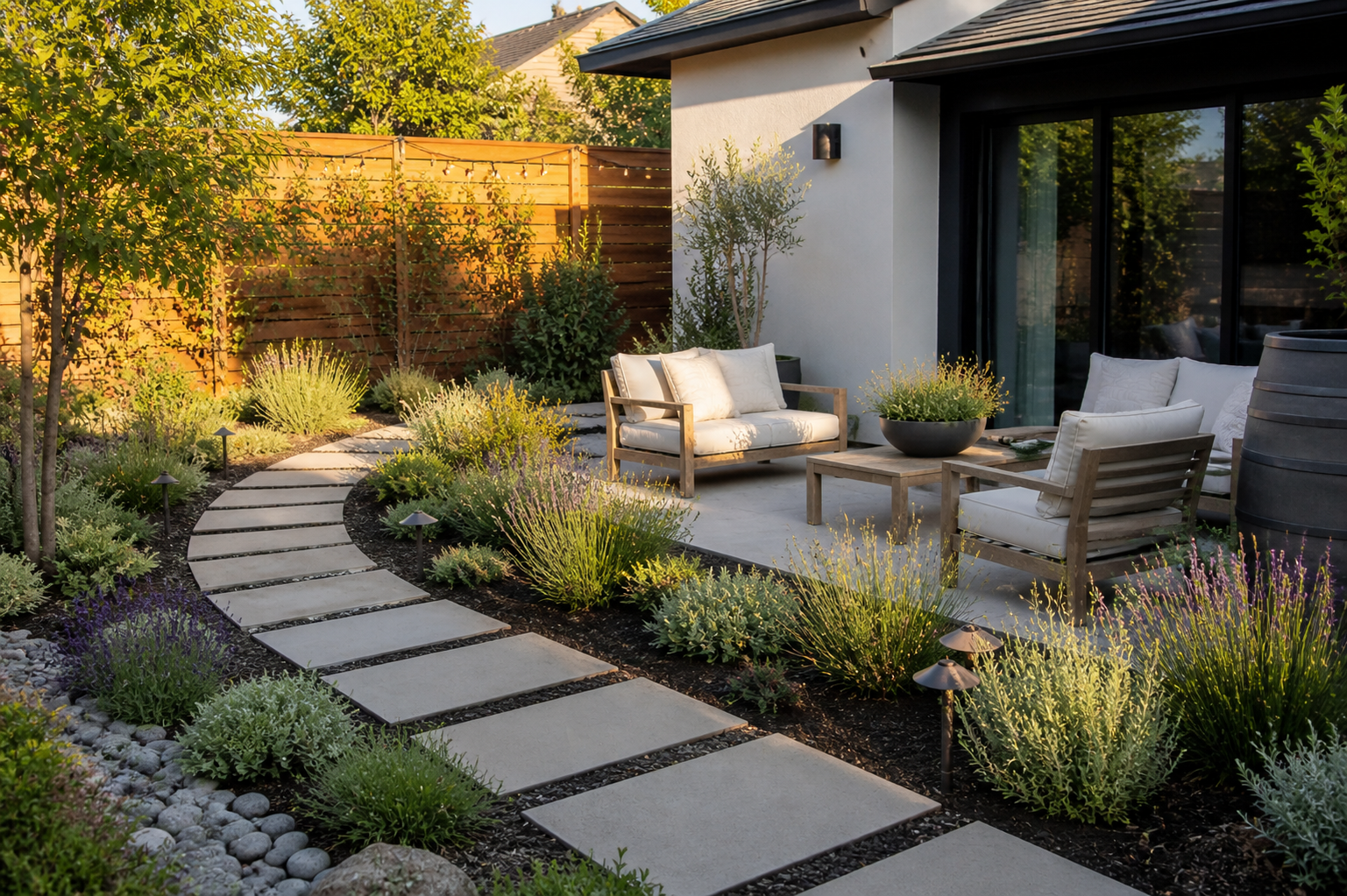 Residential backyard patio with outdoor furniture and a landscaped garden. The patio features a beige cushioned wooden loveseat, two armchairs, a coffee table, and decorative plants in black planters. A curved concrete pathway bordered by small bushe