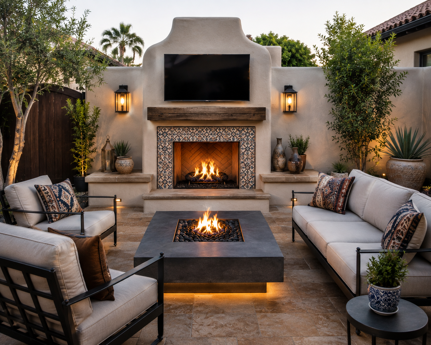 Outdoor patio with a fireplace and a mounted flat-screen TV above it, surrounded by seating and decorative plants.