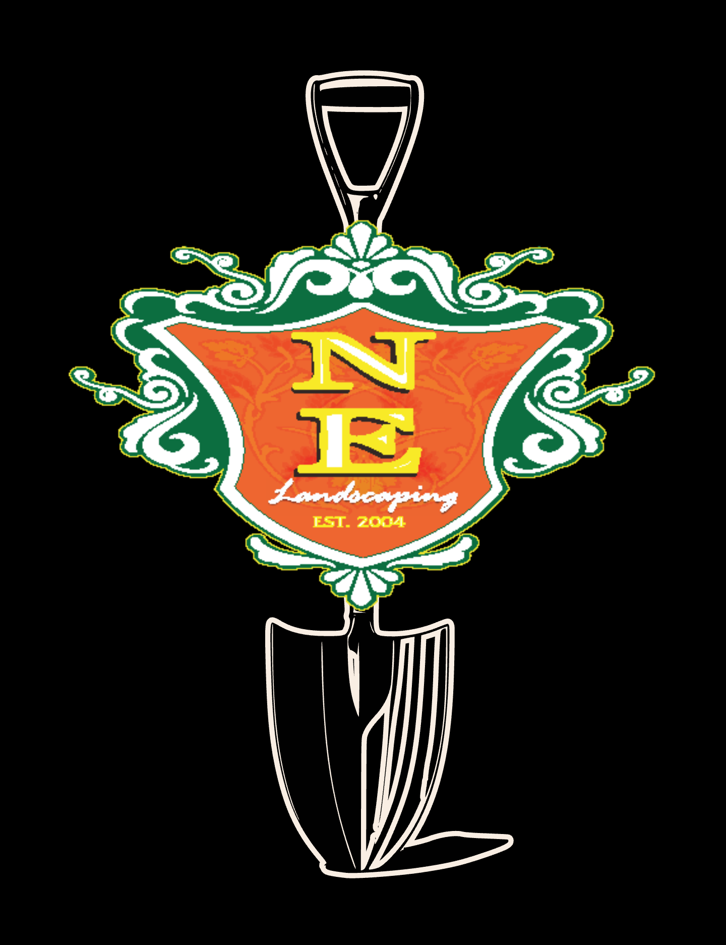 A stylized drawing of a knife with a decorative shield-shaped emblem on the blade, featuring the text 'N E' in yellow, 'Landscaping' in white, and 'EST. 2004' in yellow, set against a black background.
