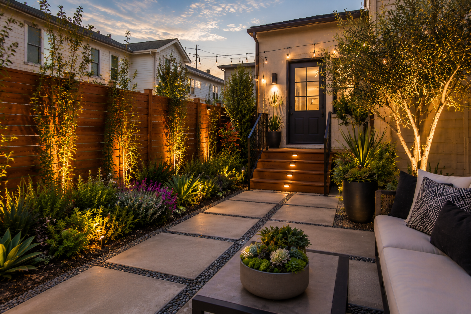 A cozy backyard patio during evening with a wooden fence, illuminated plants, potted trees, outdoor seating with cushions, and string lights