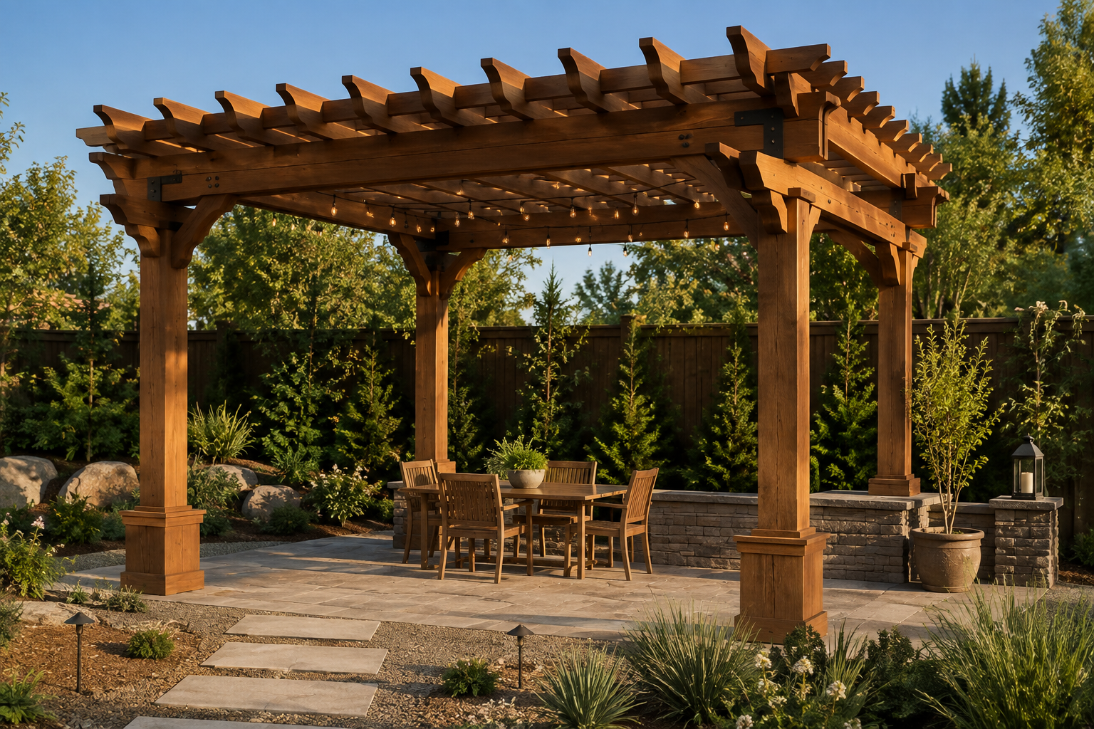 Wooden pergola over a patio area with outdoor dining furniture and string lights, surrounded by trees and landscaped garden.