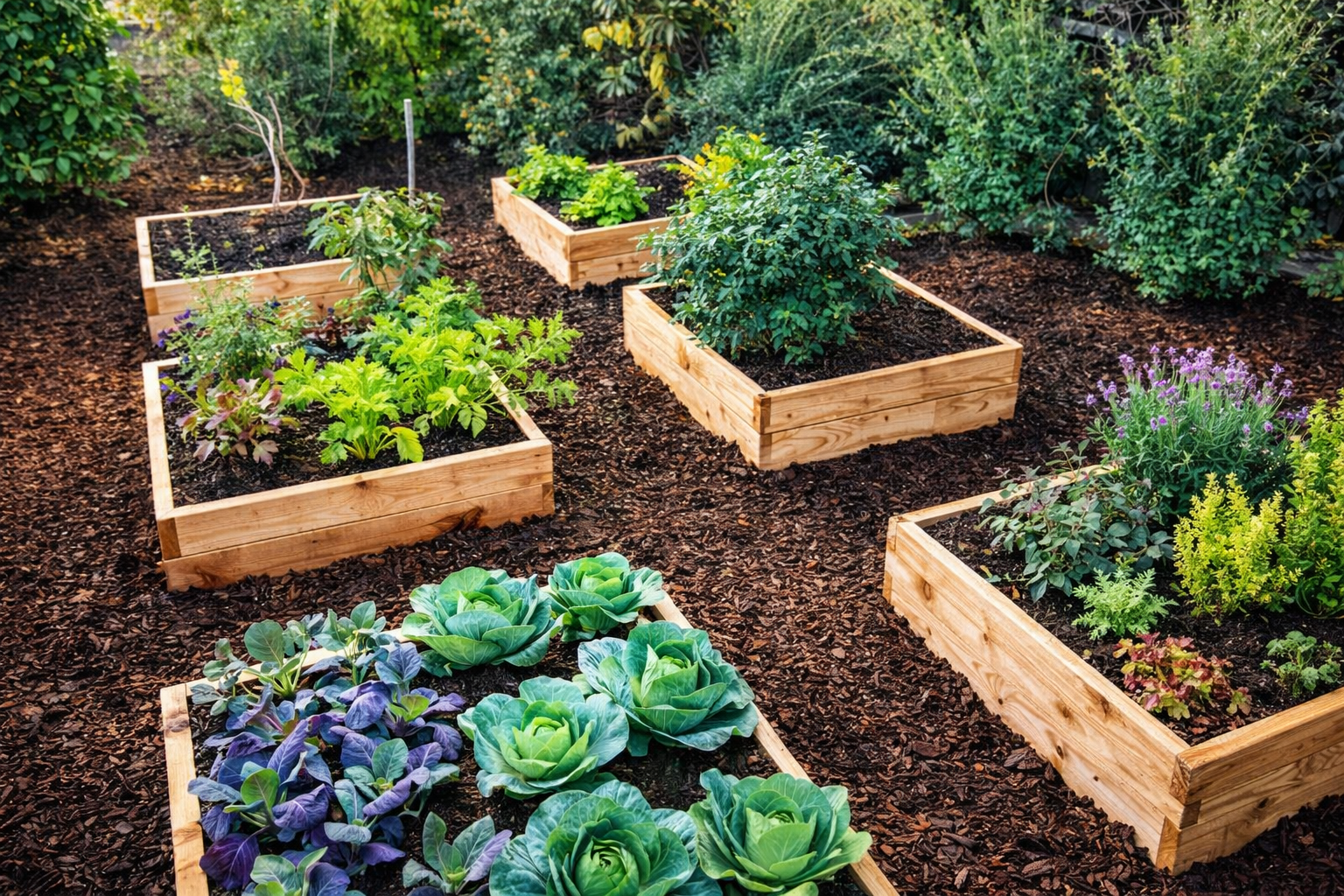 A raised garden beds with various vegetables and herbs in a garden with dark mulch.