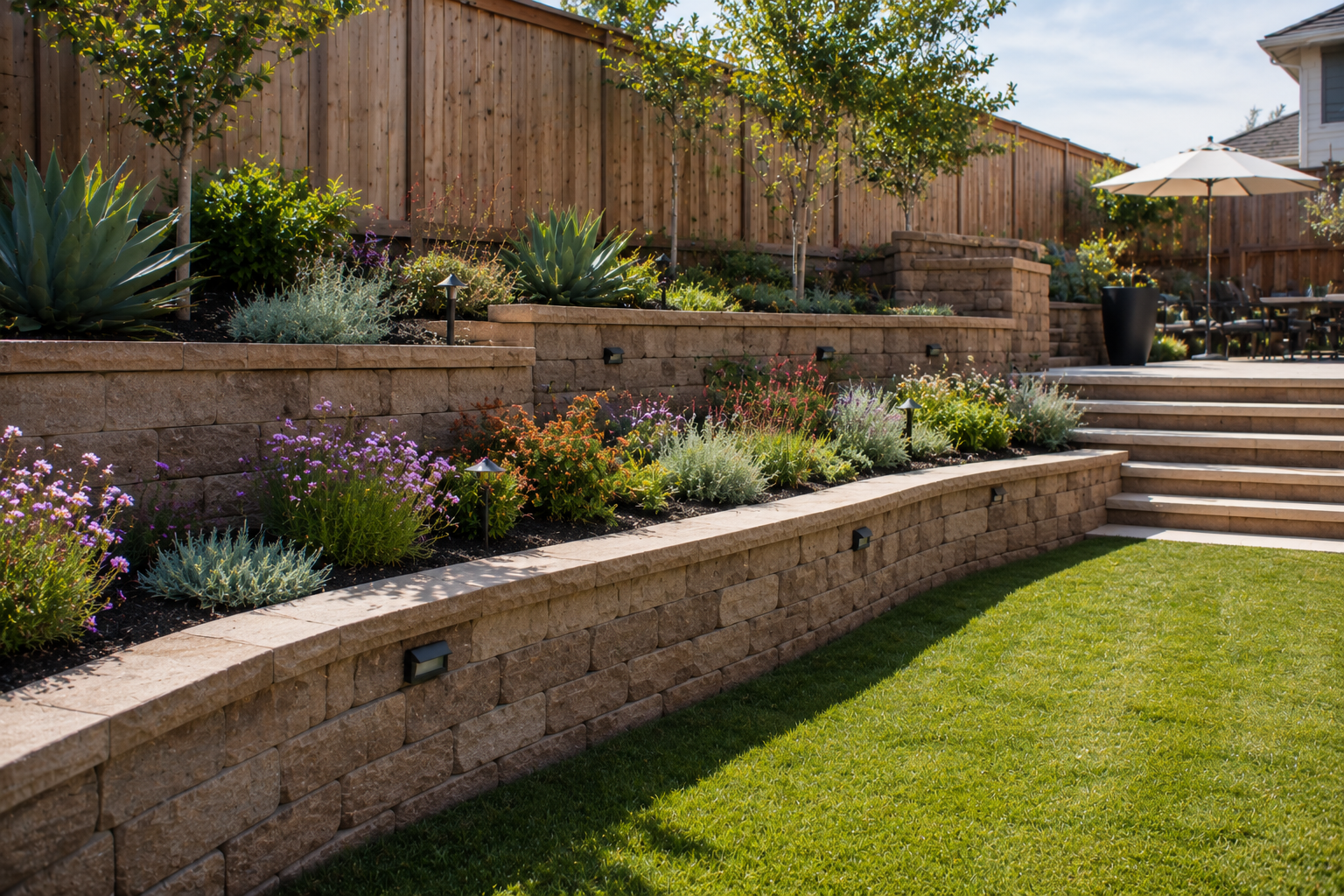 Backyard garden with tiered stone retaining walls, various plants, trees, and outdoor furniture with umbrella.