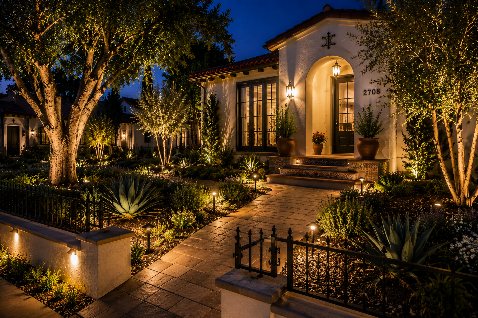 A beautifully lit house at night with a garden decorated with string lights on trees, small pathway lights, and potted plants near the front door.
