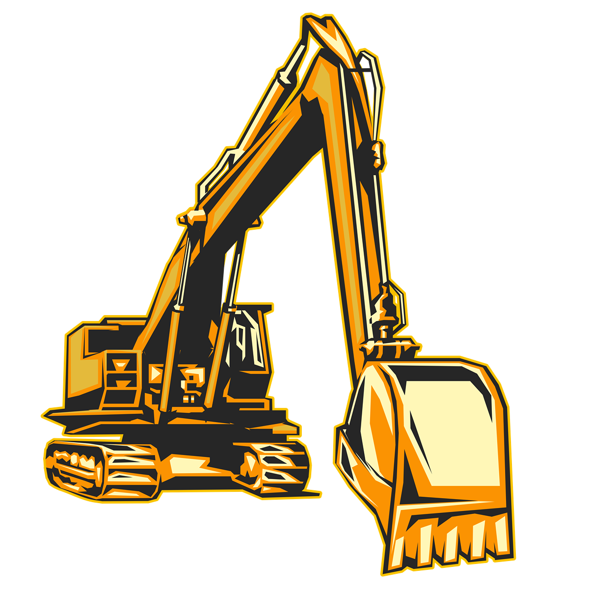 Cartoon illustration of an excavator in black, yellow, and orange colors.