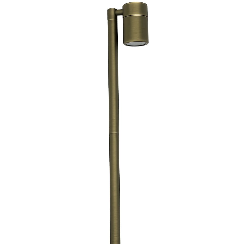Close-up of a brass-colored outdoor security camera mounted on a pole next to a building or structure.