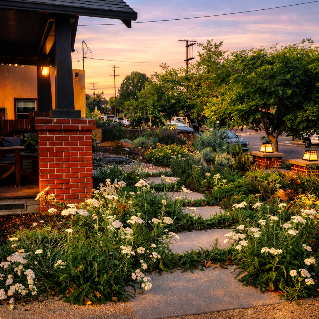 A cozy front porch with a brick column, outdoor seating, warm lighting, a garden with white flowers and green foliage, and a tree, with a sunset sky and parked cars in the background.  Landscape, designer and installer of drought tolerant plants near