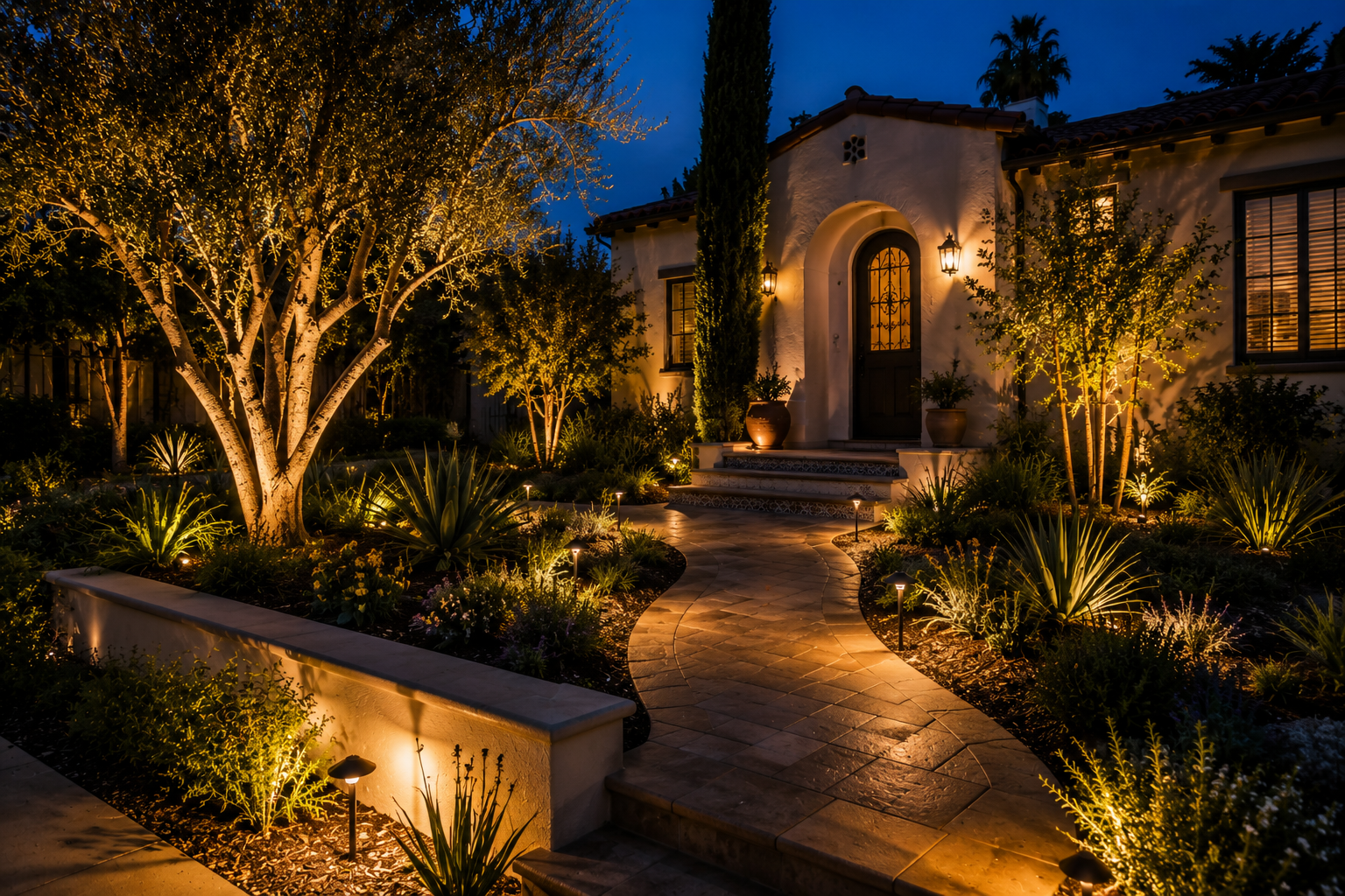 Landscape lighting highlighting modern home entry and garden