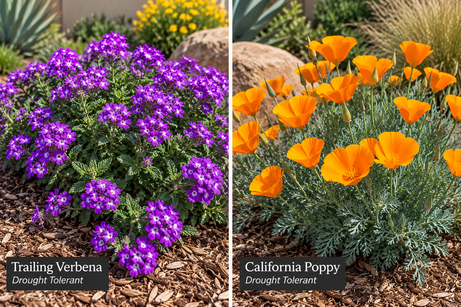 Drought-tolerant plants: verbena and California poppy