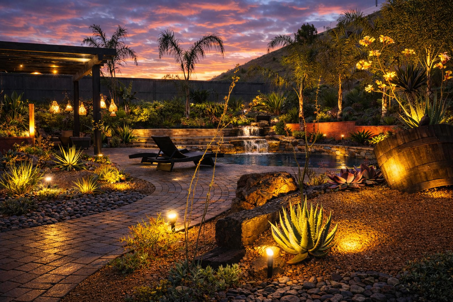A beautiful backyard at dusk with a lit pool, waterfall feature, lounge chair, pathway, and desert plants illuminated by landscape lighting, with a sunset sky and mountain in the background.