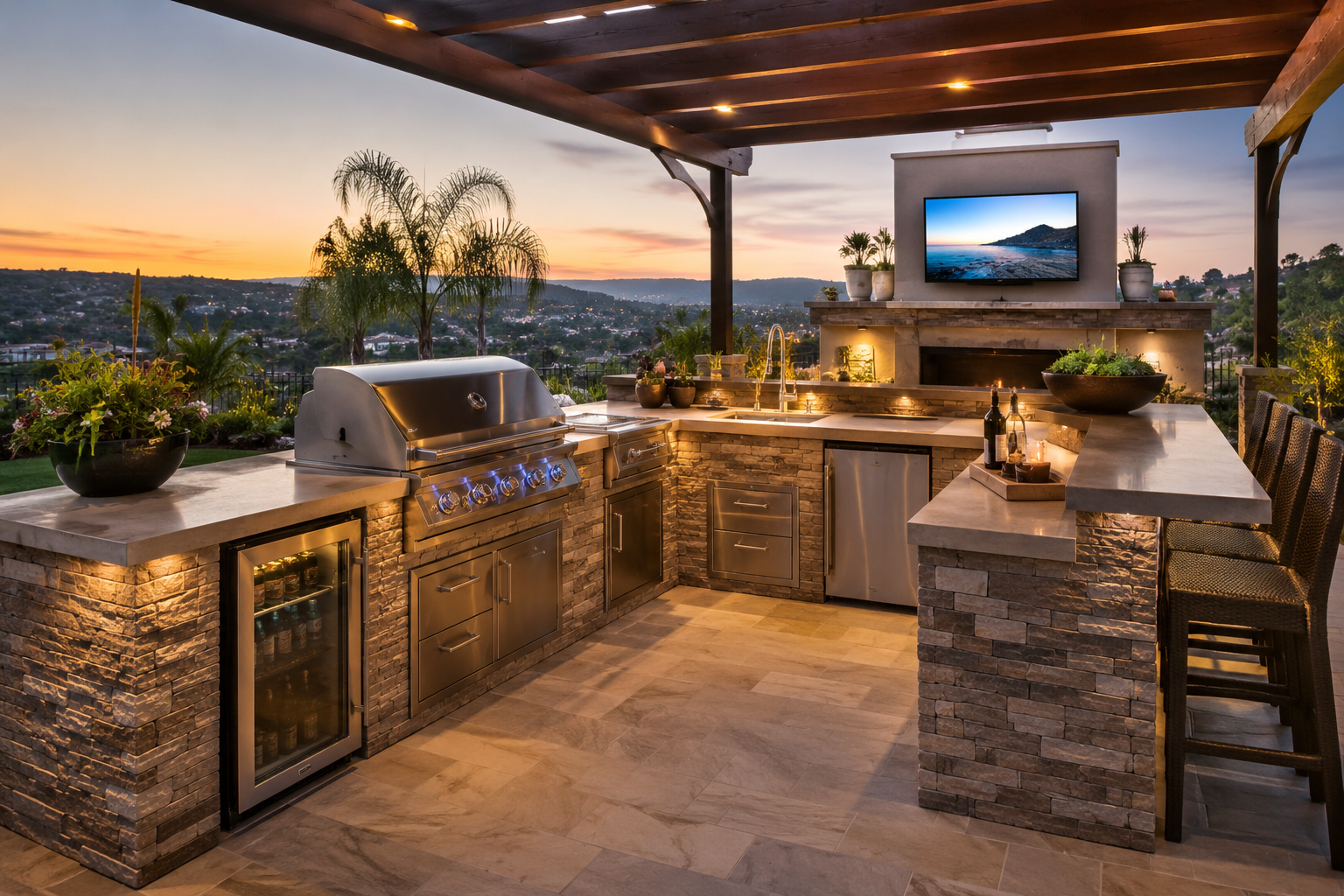 Outdoor kitchen with grill, bar seating, and television overlooking a sunset landscape with palm trees.