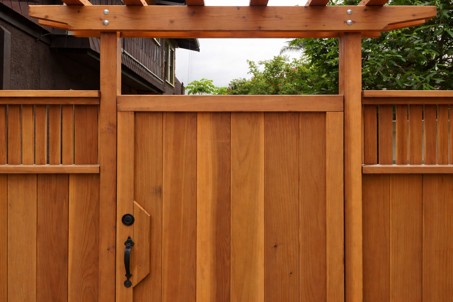 A wooden gate with a black handle and latch in a backyard, with trees and a building with dark siding in the background.