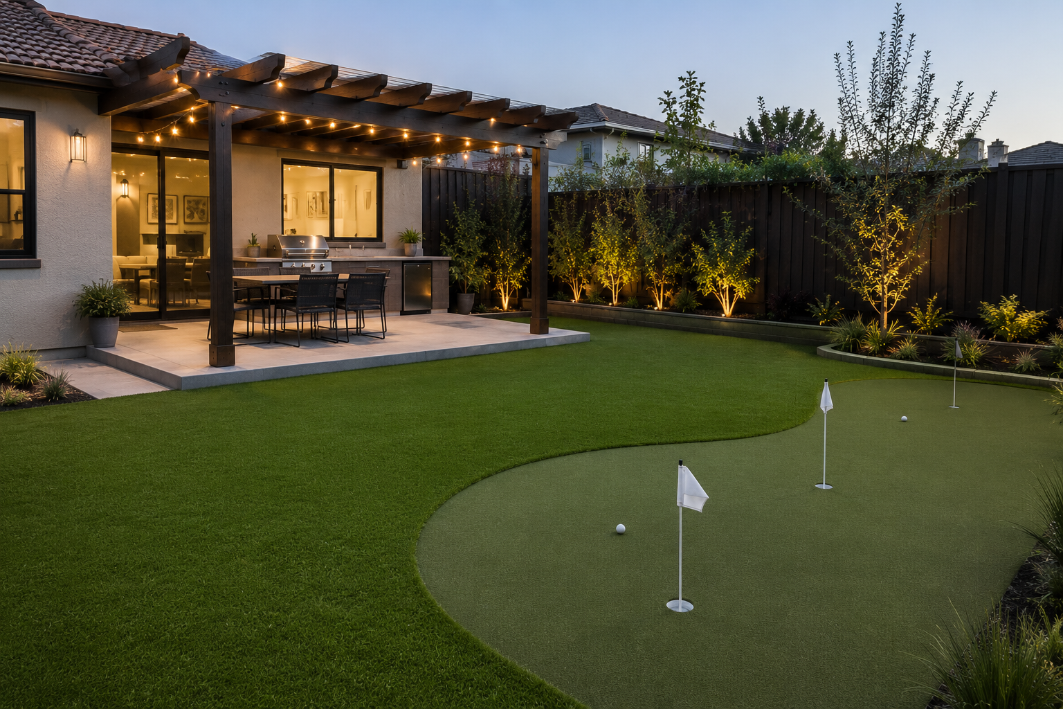 Backyard landscape featuring a putting green, covered patio, outdoor dining area, barbecue, string lights, and landscape lighting for outdoor recreation and entertaining.