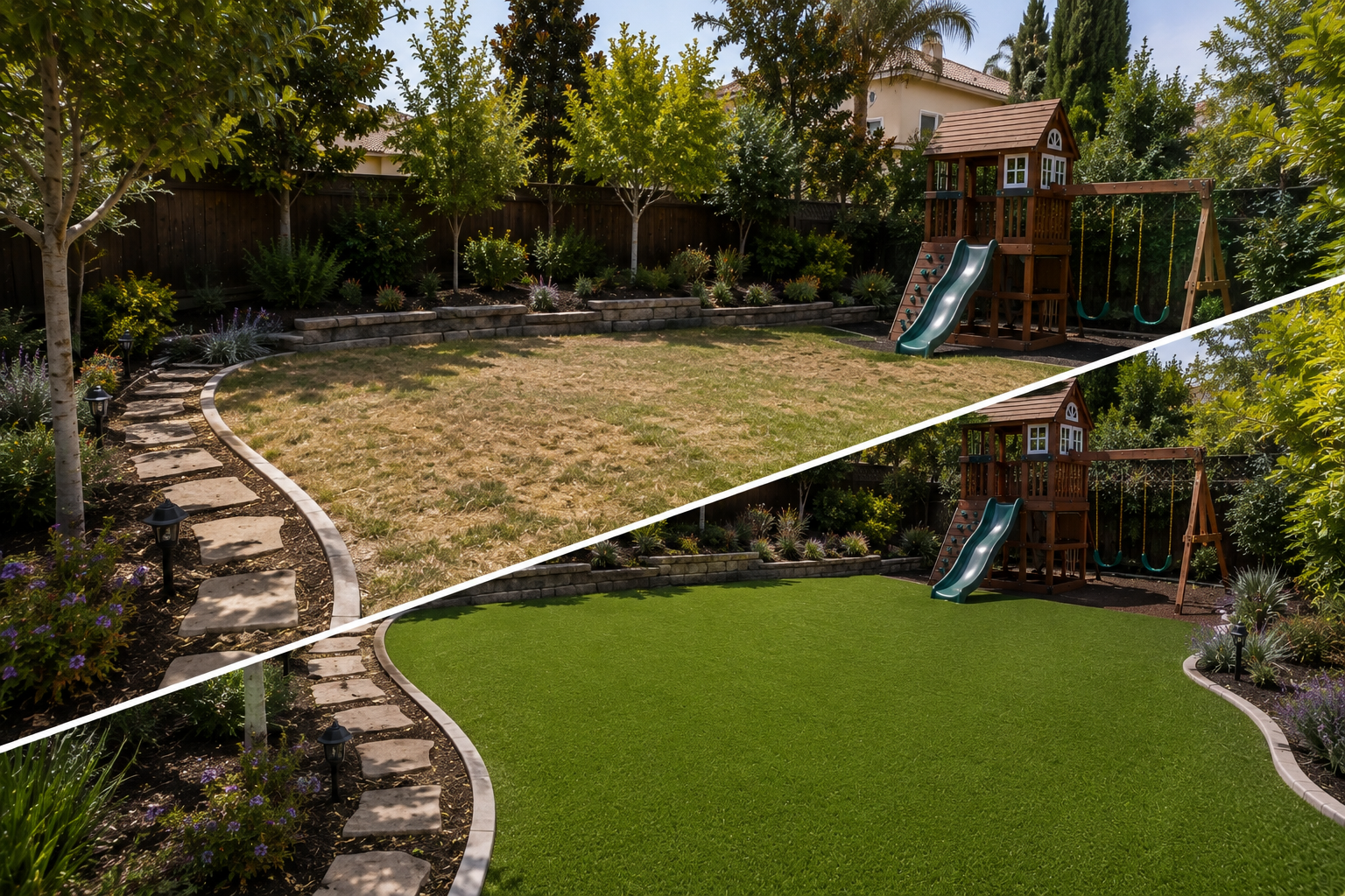 Before and after landscape renovation showing a dry lawn transformation into artificial turf with preserved trees, planting areas, and a functional family backyard space.