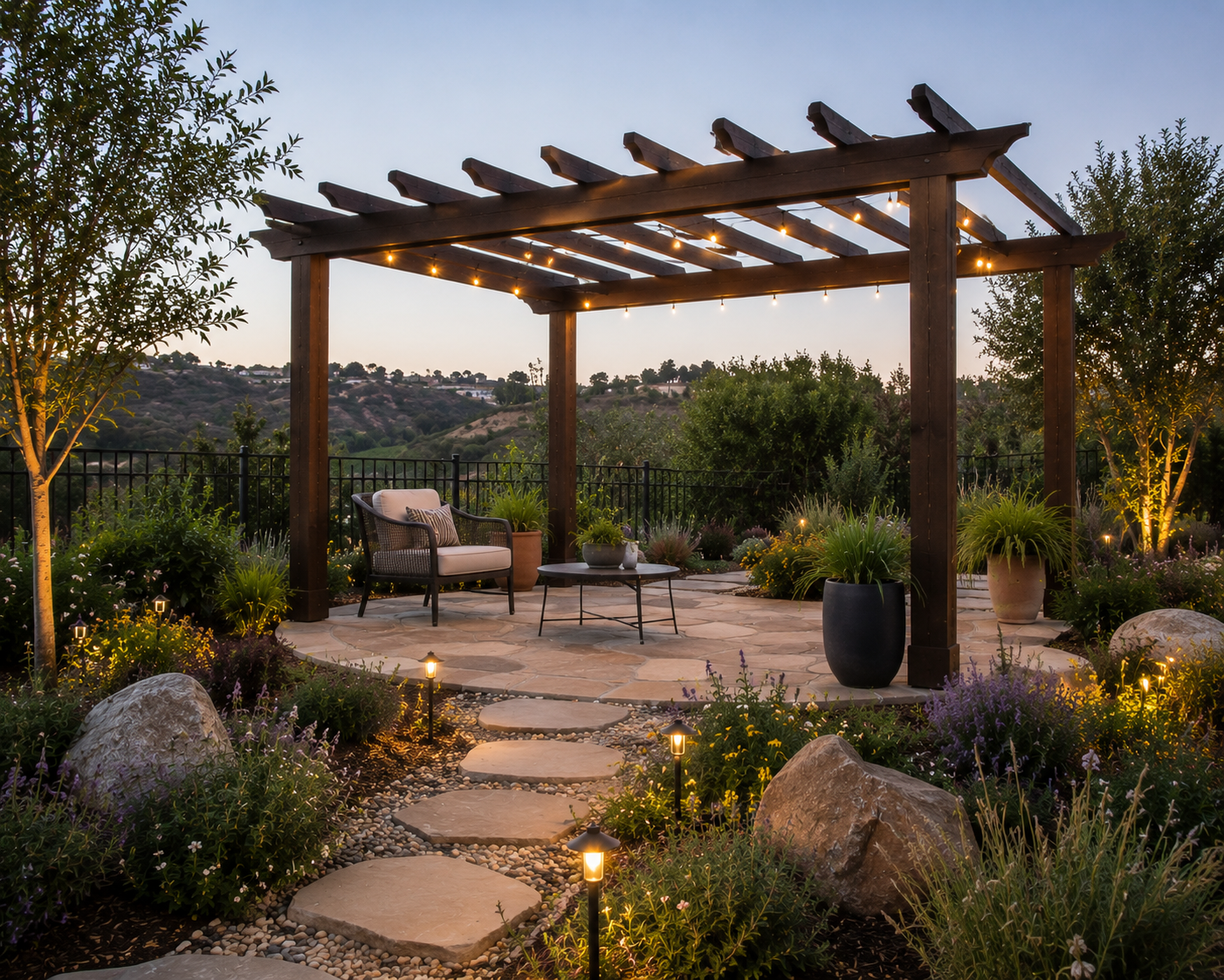 Outdoor patio with a pergola, string lights, potted plants, a cushioned chair, a coffee table, and garden with flowers and rocks at dusk.