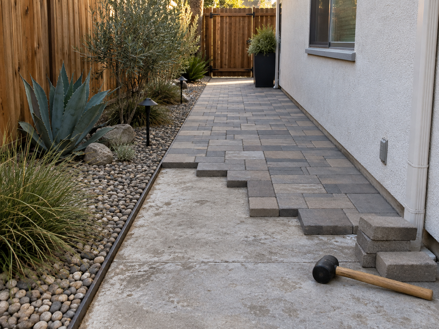 A backyard patio with a concrete section and a section with interlocking paving stones, bordered by a garden bed with desert plants and small rocks, a wooden fence, and a white house with a window.