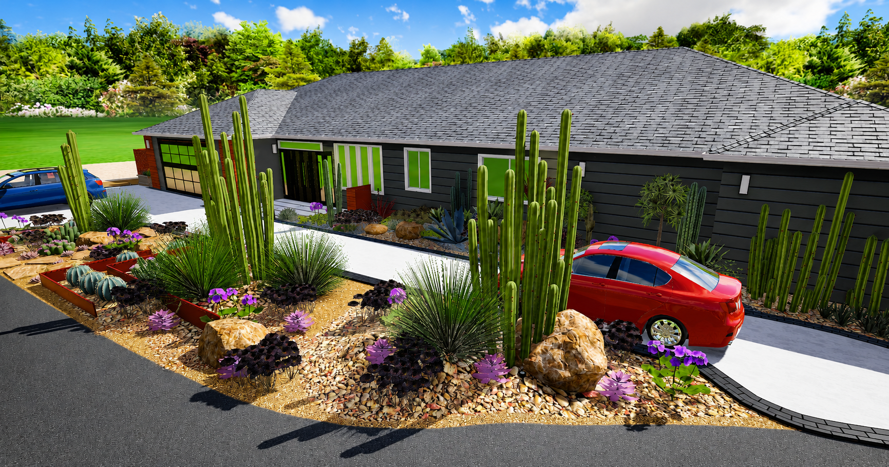 Digital rendering of a modern house with a gray roof, black siding, surrounded by desert landscaping with tall cacti, succulents, and rocks, and a white driveway with a red car parked on it.
