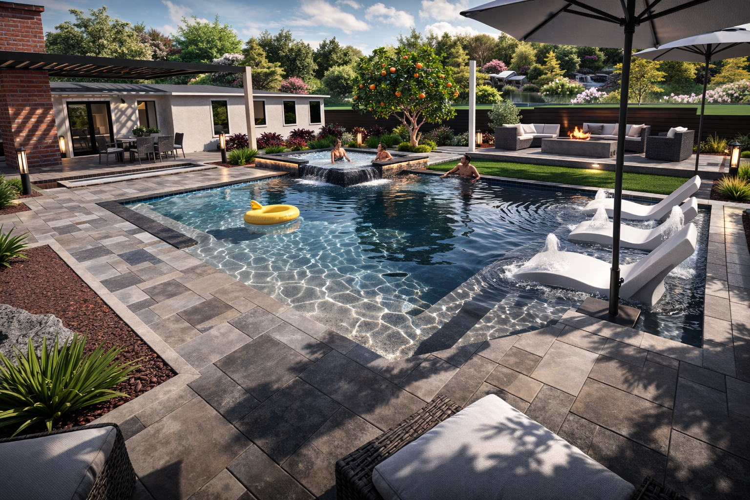 Backyard with swimming pool, people swimming, poolside chairs, umbrellas, fire pit with seating, lush greenery, flowering trees, and outdoor furniture.  Call landscape designer near me in Rancho Bernardo, La Jolla, Del Mar area