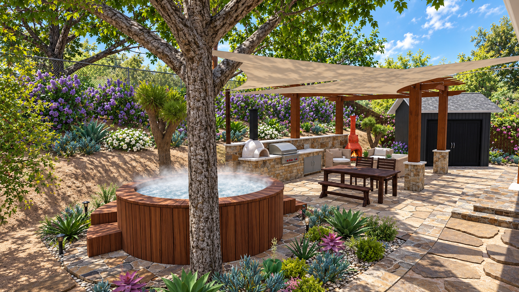 3D landscape design rendering for a San Diego home: outdoor backyard patio with a hot tub, stone patio, wooden pergola, outdoor kitchen with grill, seating area with chairs and a fireplace.