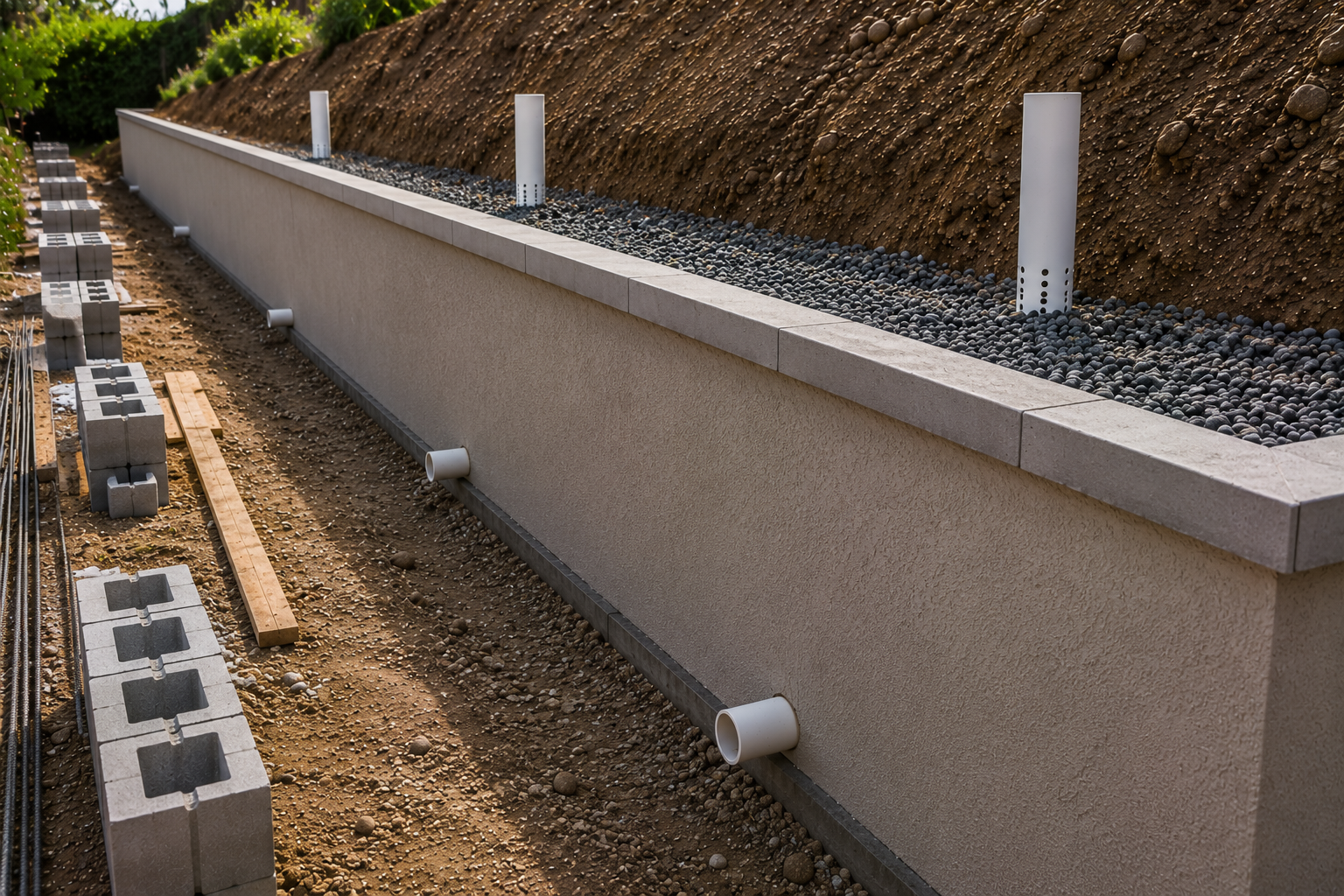 Construction site showing a long beige wall with three vertical white pipes and a layer of small black rocks on top. There are concrete blocks and wooden planks on the ground nearby.