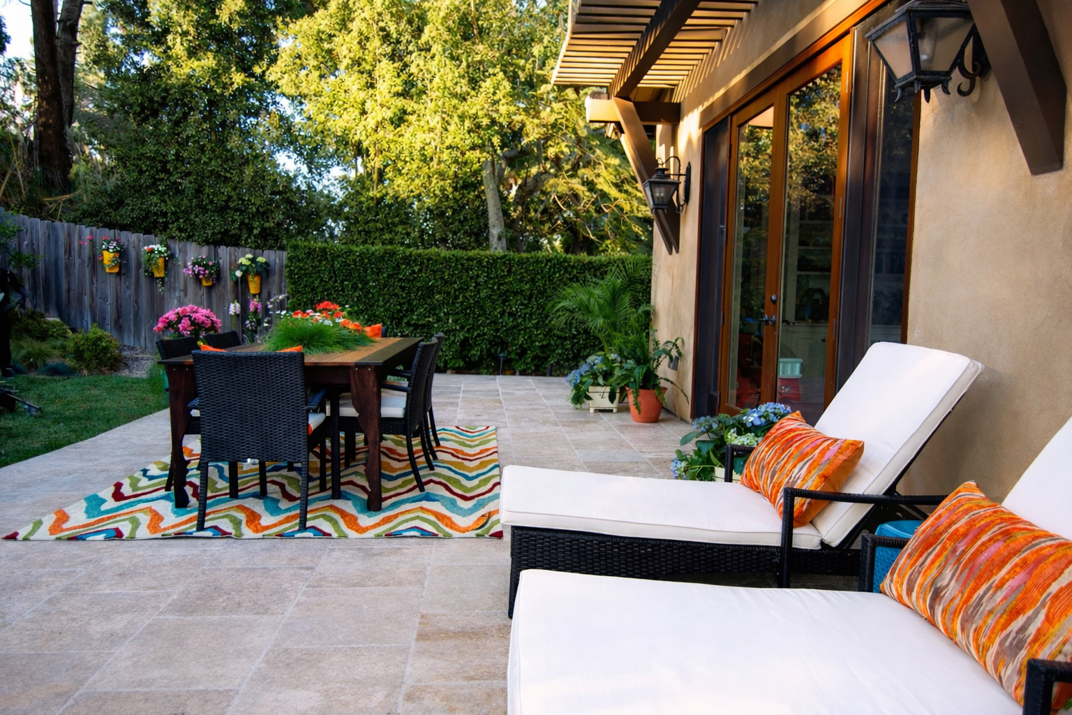 An outdoor patio with two white lounge chairs with orange patterned pillows, a colorful area rug, a wooden table with six black chairs, and potted plants with pink, red, and purple flowers, surrounded by green trees and a wooden fence.