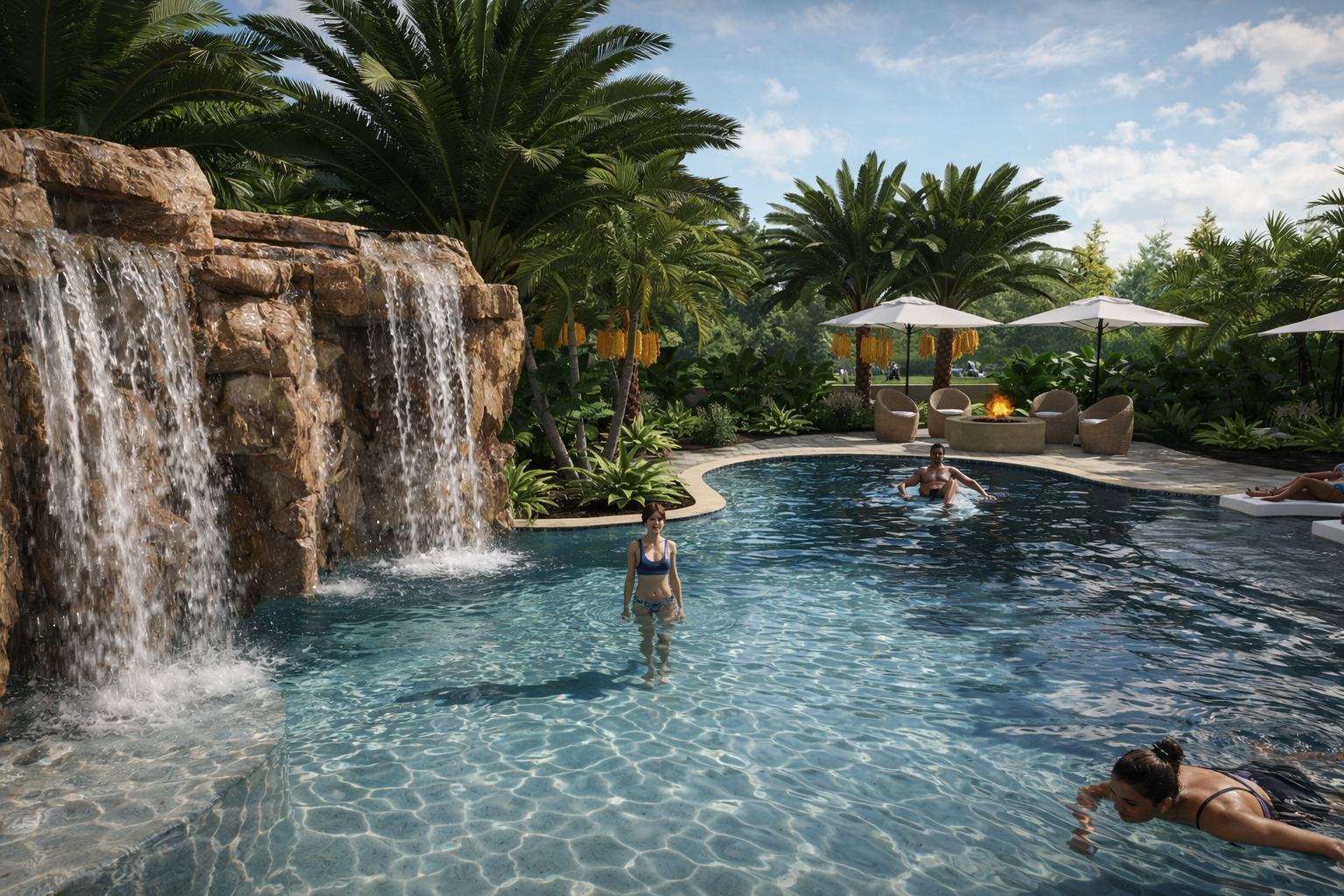 A pool area with a waterfall feature on the left, surrounded by lush tropical plants. Several people are enjoying the water, some lounging under umbrellas with chairs, with a fire pit in the background.  Call landscape designer near me in La Jolla