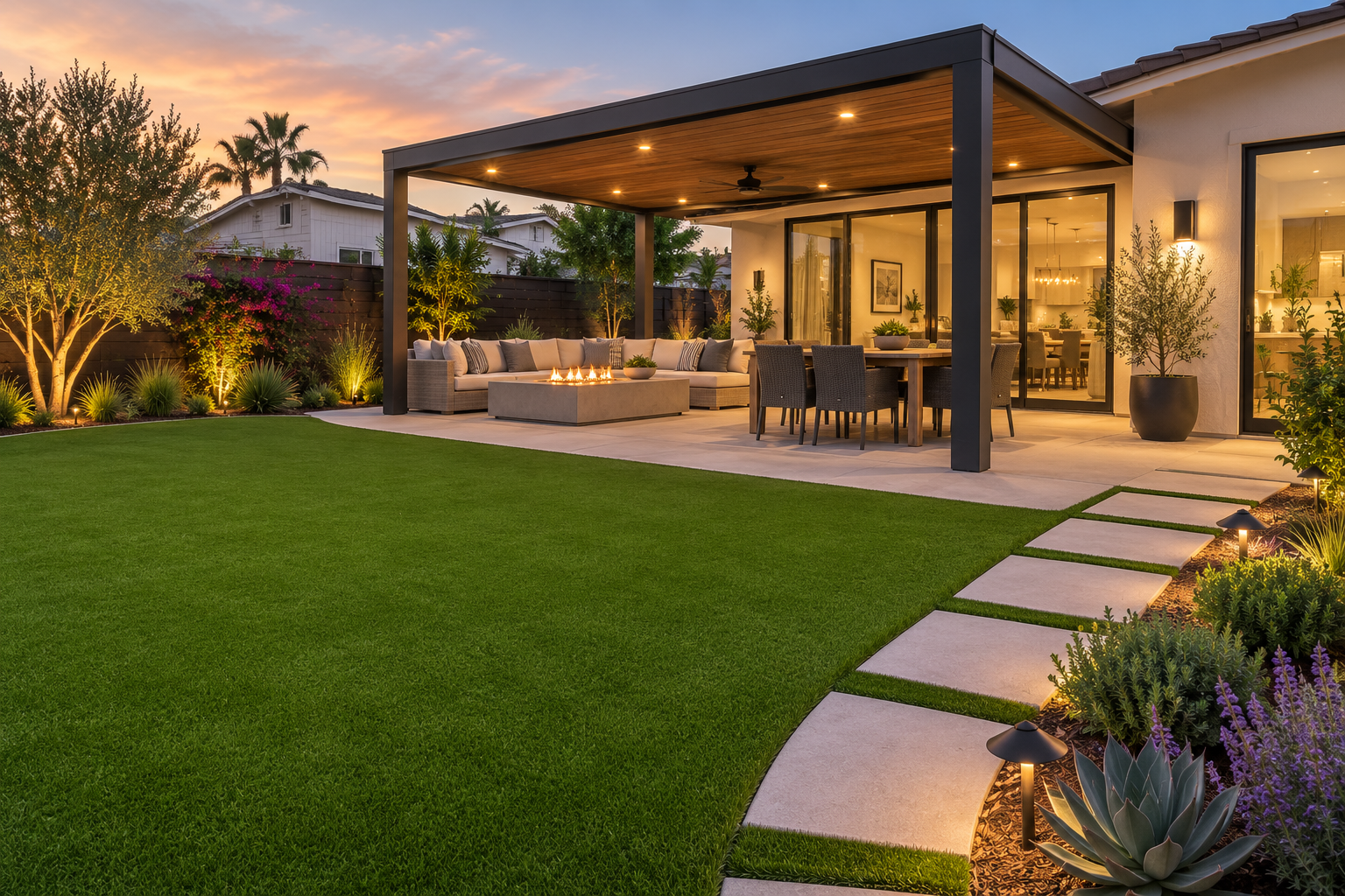 Backyard patio with outdoor seating, dining area, and fire feature. Well-manicured lawn, stepping stones, and landscaped plants under evening sky.