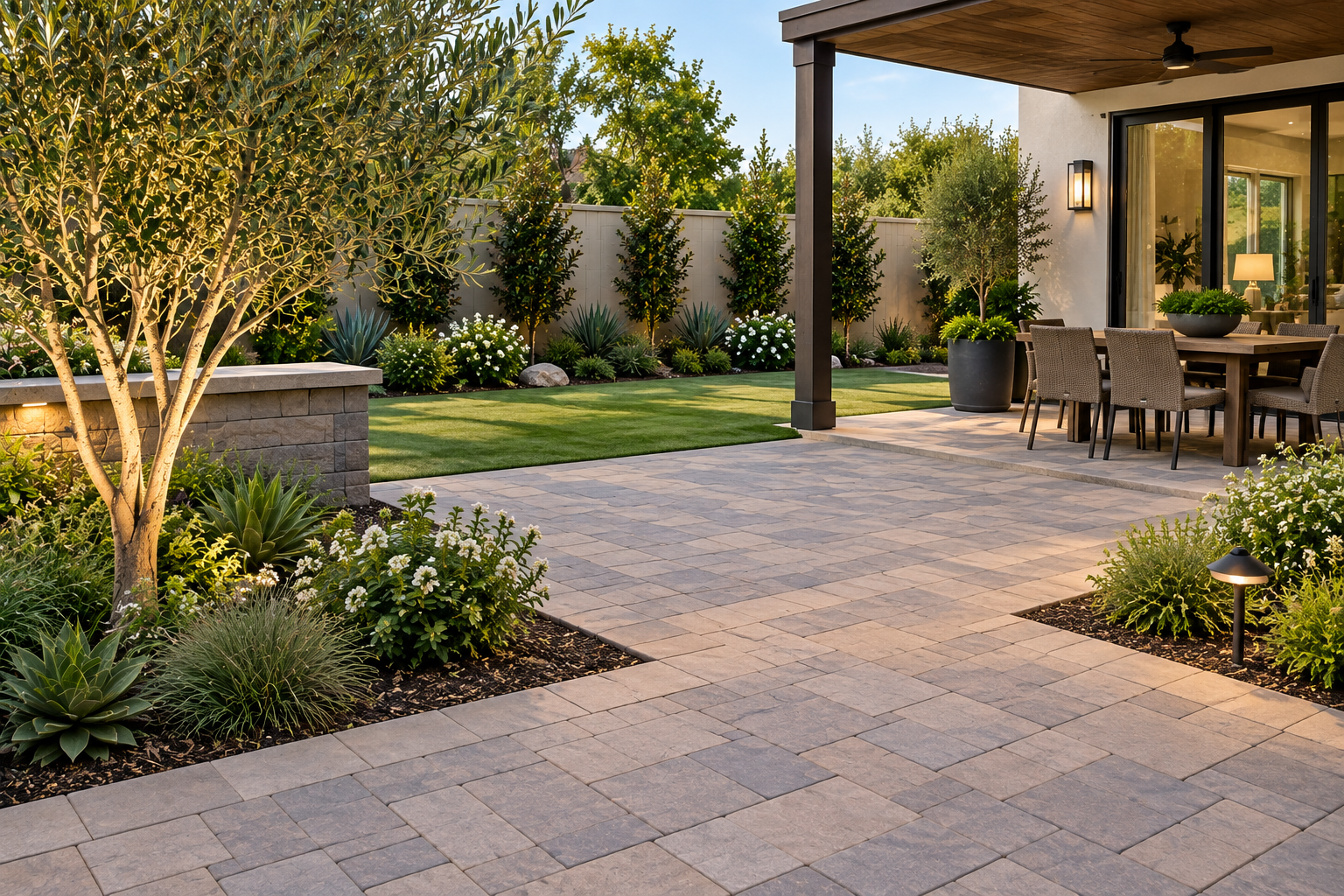 A backyard patio with a stone floor, outdoor dining table with chairs, potted plants, landscaped garden, green grass, trees, and a house with sliding glass doors.