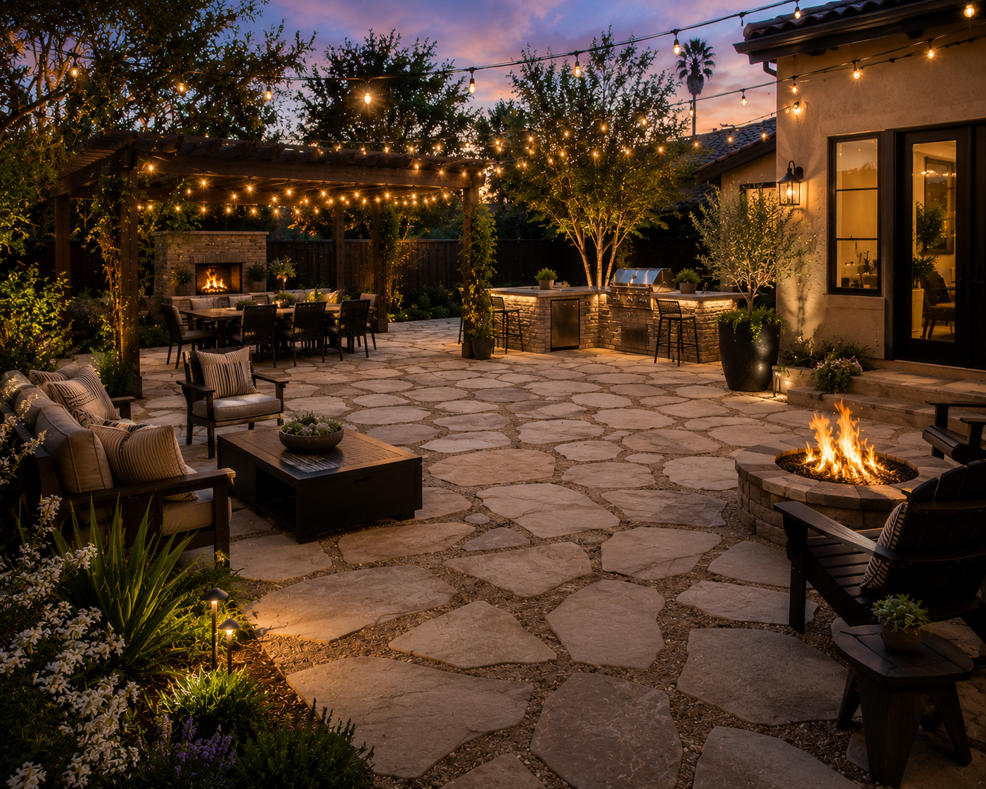 Outdoor fireplace, dining patio, and landscape lighting