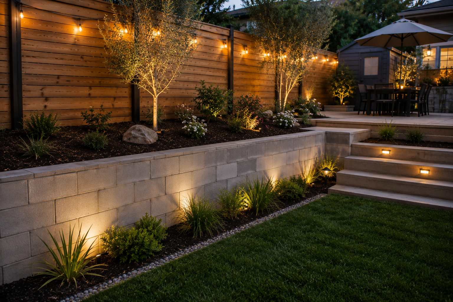 A well-lit backyard garden at dusk with steps leading up to a patio area with outdoor table and chairs under a large umbrella. Garden beds with small trees, plants, and flowers are illuminated by ground and wall lights.