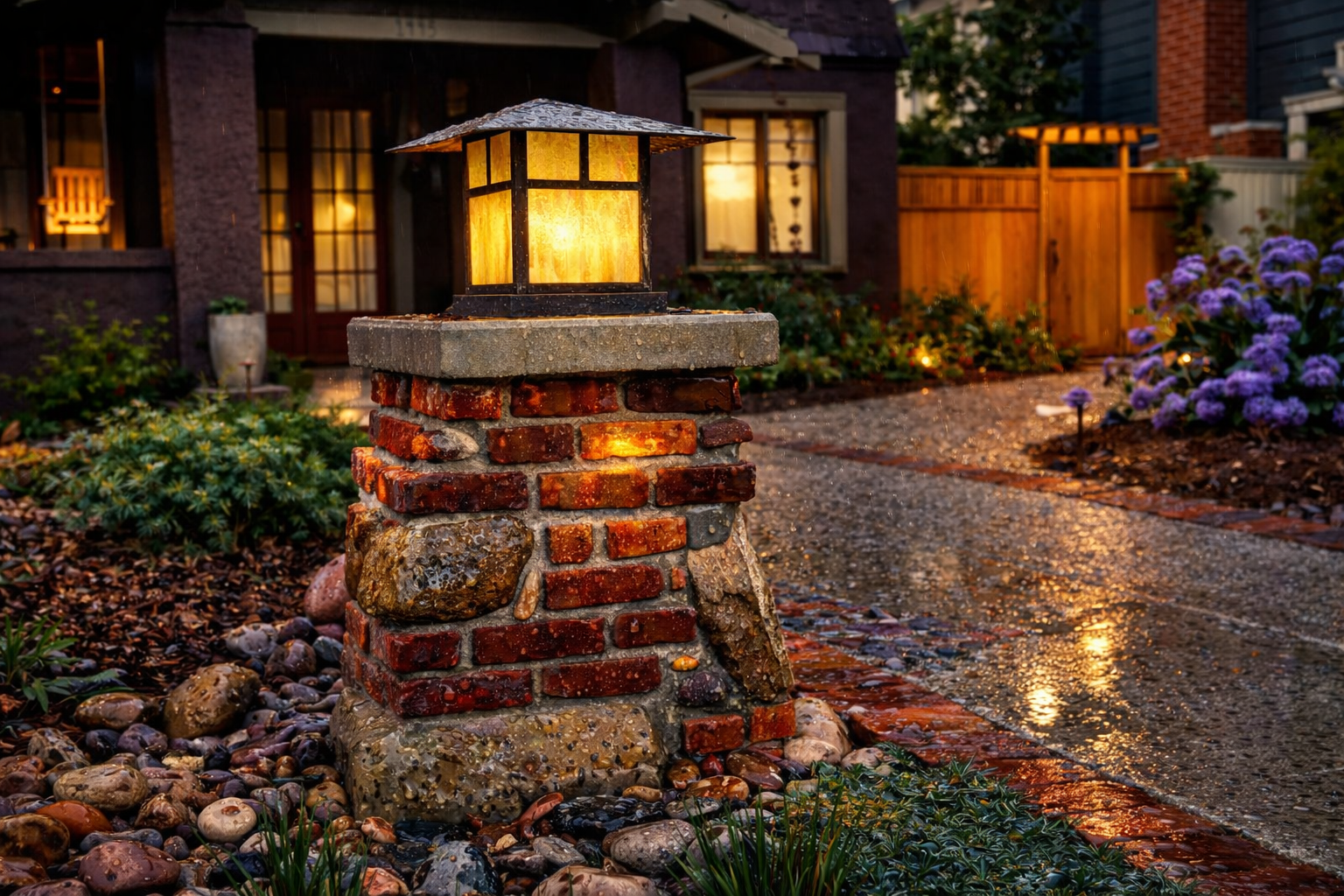 A lit garden lamp on a brick and stone post beside a wet pathway in a backyard garden at dusk.
