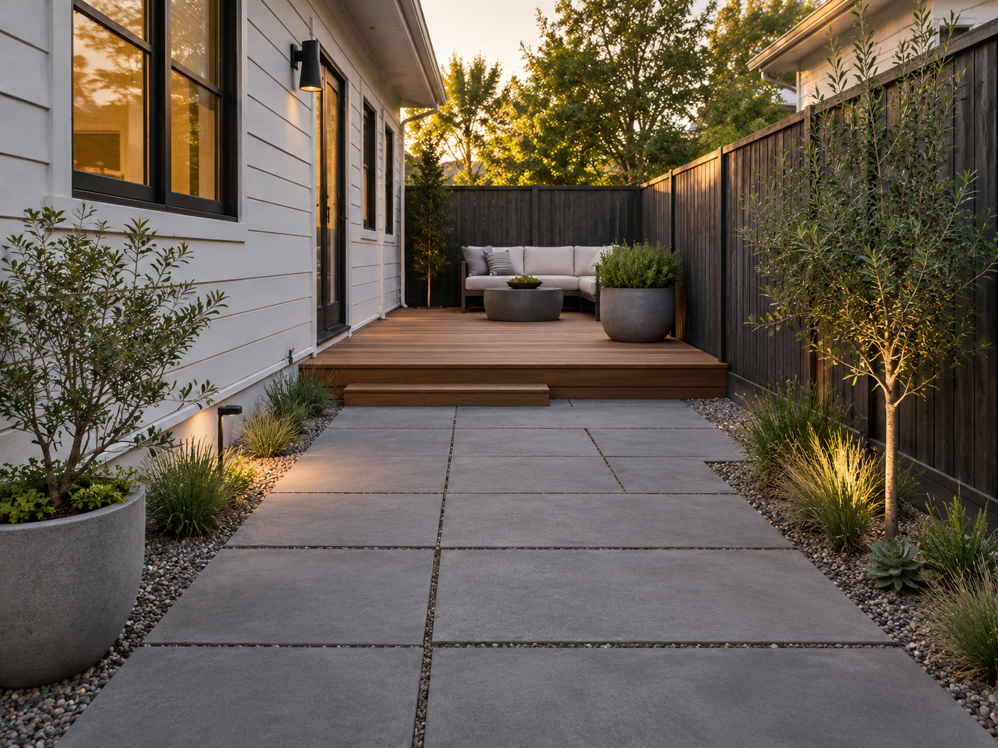 A backyard patio area with large concrete pavers, small plants along the edges, and a wooden deck with outdoor seating and large planters. The space is surrounded by a black wooden fence and is illuminated by outdoor lighting with trees visible in the background.