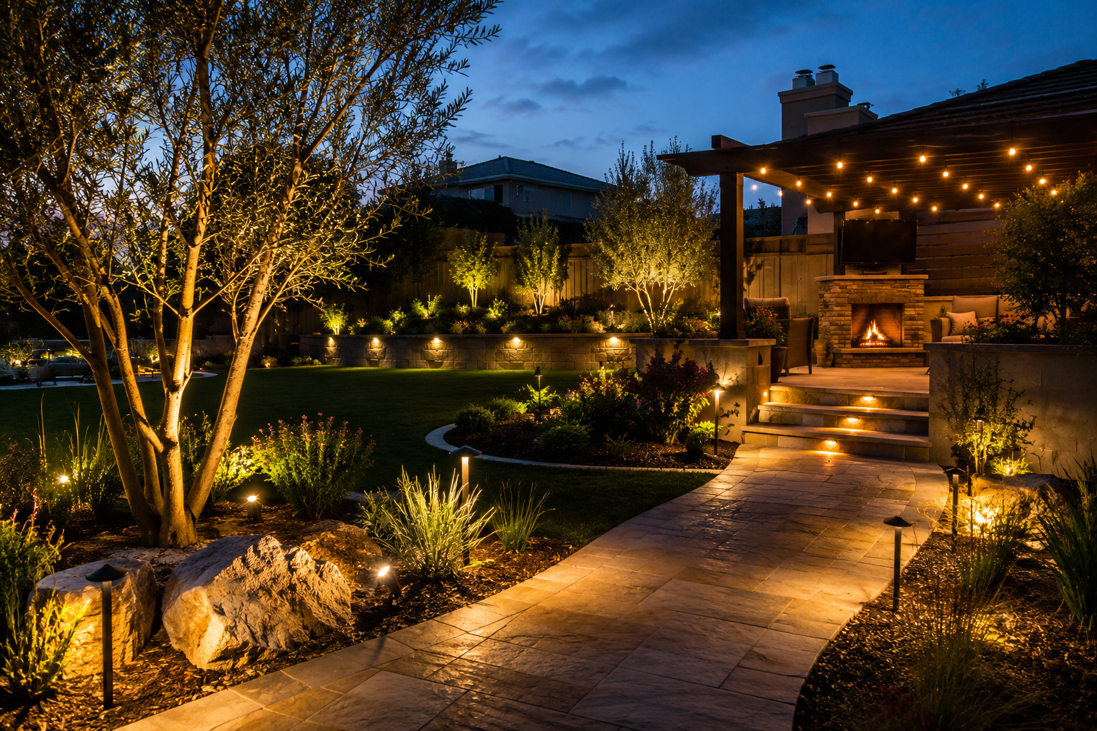 Night view of a landscaped backyard with illuminated trees, pathway, and a lit outdoor fireplace under a pergola with string lights.