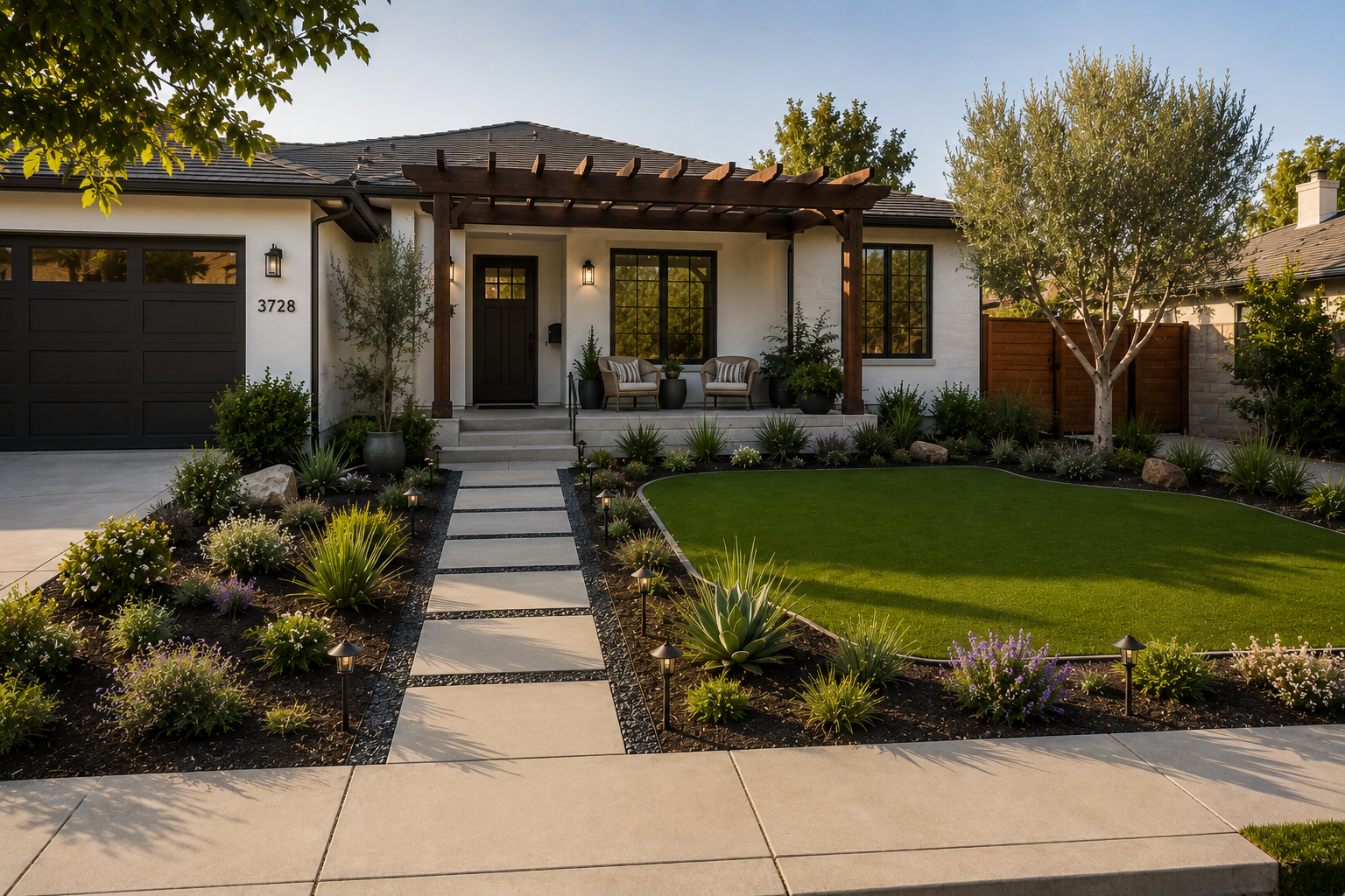 Front yard of a modern house with a well-maintained lawn, pathway, and landscaped garden with various plants and trees.