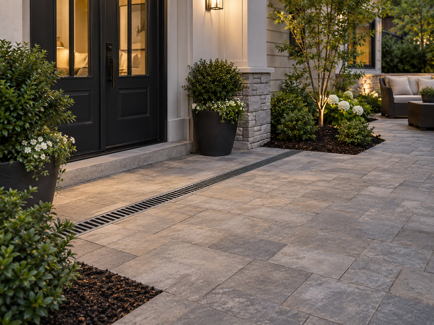 A modern front porch with black front door, potted plants, greenery, white flowers, outdoor seating area, stone-paved ground, and exterior lighting.