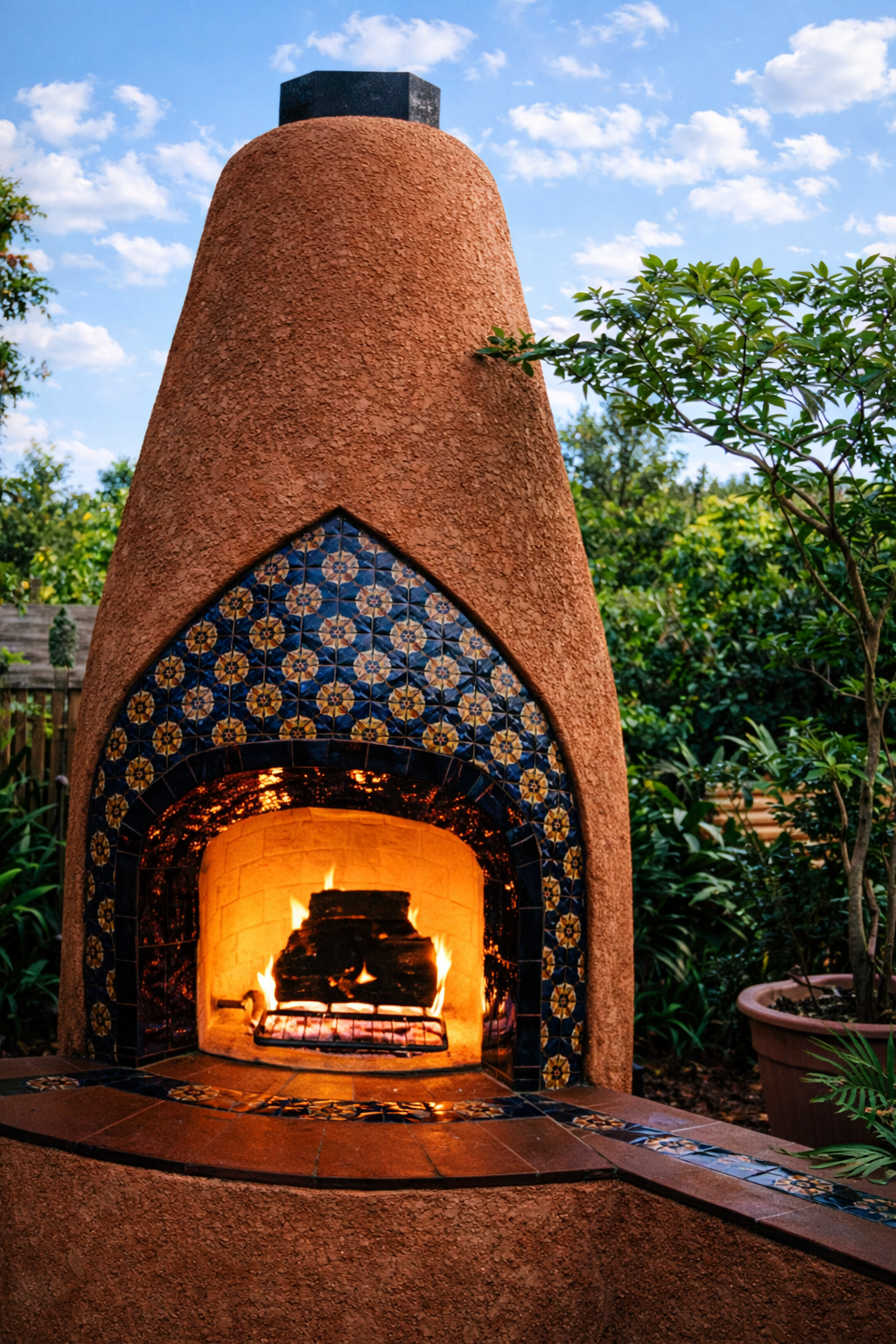 An outside view of a rustic outdoor fireplace with a stone and tile design, a fire burning inside, surrounded by green plants and a blue sky with scattered clouds.