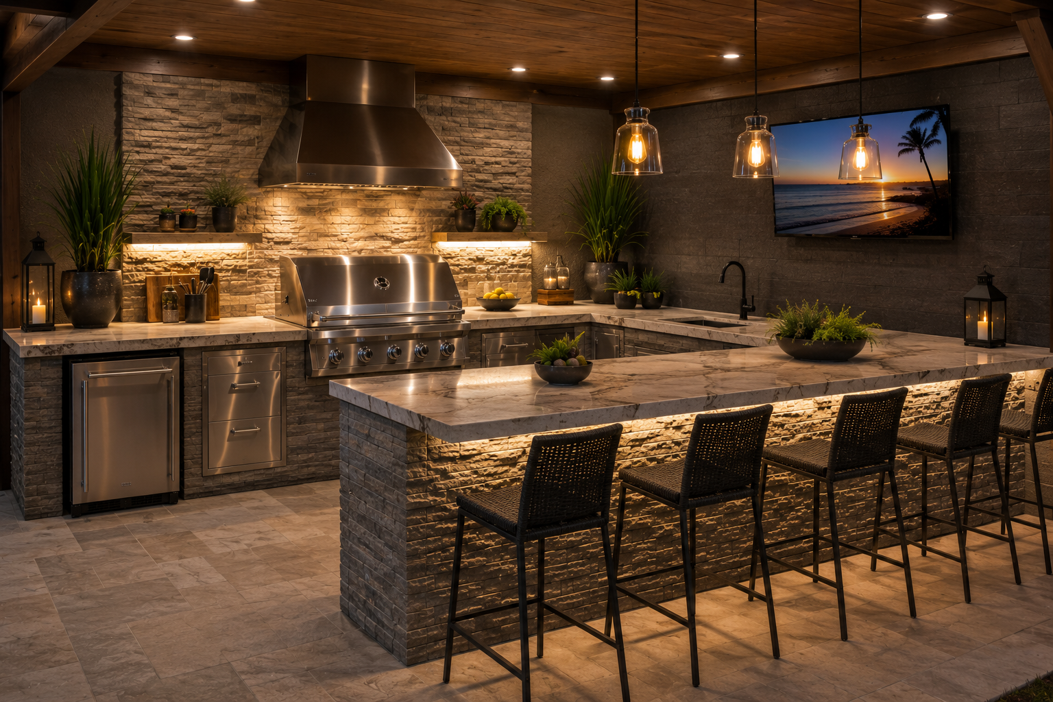 Modern outdoor kitchen with a large marble island, stainless steel grill, black bar stools, and decorative plants, illuminated by hanging pendant lights, with a wall-mounted flat-screen TV showing a sunset over the beach.
