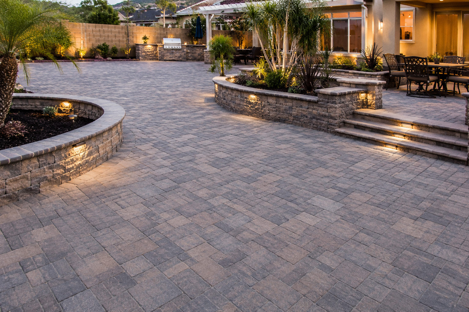 Backyard paver patio with paver stone flooring, brick planters with plants, outdoor dining set, and built-in grill station in the background, illuminated with landscape lighting in the evening.