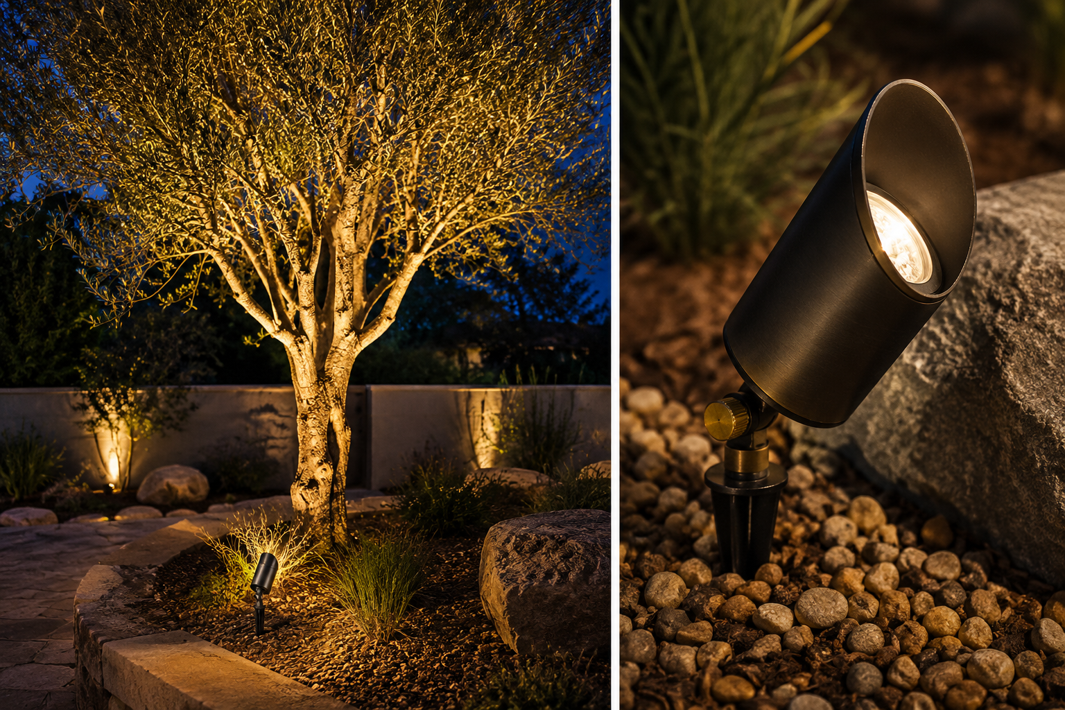 A landscaped garden at night with a tree illuminated by outdoor lighting, next to a spotlight on a bed of rocks.