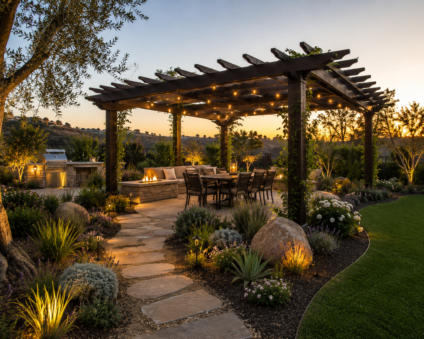 An outdoor patio with a wooden pergola decorated with string lights at sunset. There is a dining table with chairs, a built-in fire pit, and a grilling station. The area is landscaped with plants, rocks, and pathway lighting.