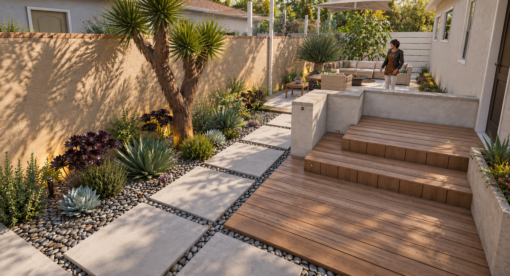 A modern backyard patio with a wooden deck, concrete seating, pathway with large stepping stones, desert plants, and a woman standing near a sectional sofa under a beige shade sail.