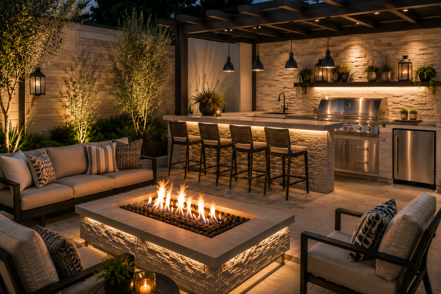 Outdoor patio with a cozy fire pit, seating area with cushions, and a modern kitchen with bar stools, pendant lights, and potted plants illuminated by warm lighting at dusk.