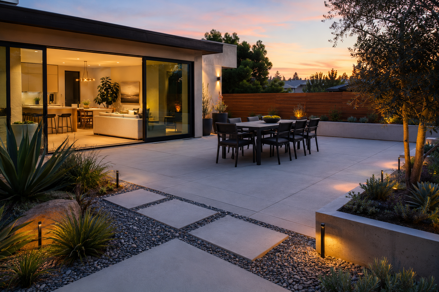 Modern outdoor patio with dining table and chairs, landscaped with desert plants and pathway lights, viewed at dusk through sliding glass doors into a well-lit interior living space.