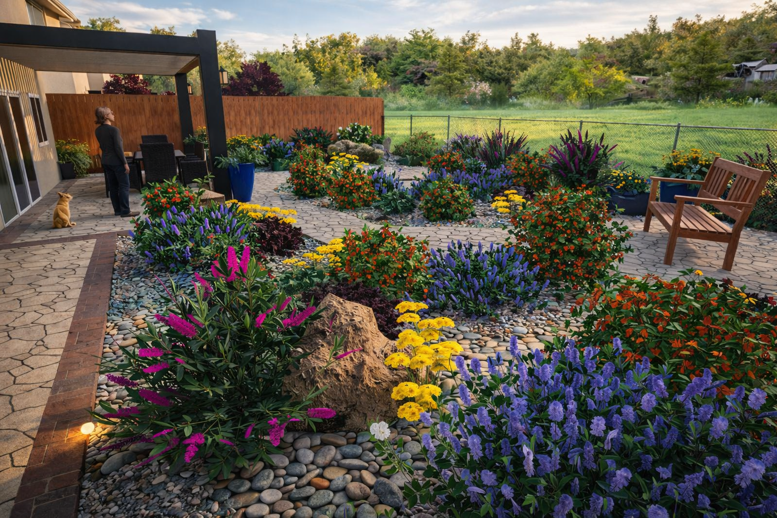 Backyard garden with colorful flowers, a stone pathway, a wooden bench, and a person with a dog looking at the garden, surrounded by lush green trees at sunset. Backyard landscape design 3-D stand