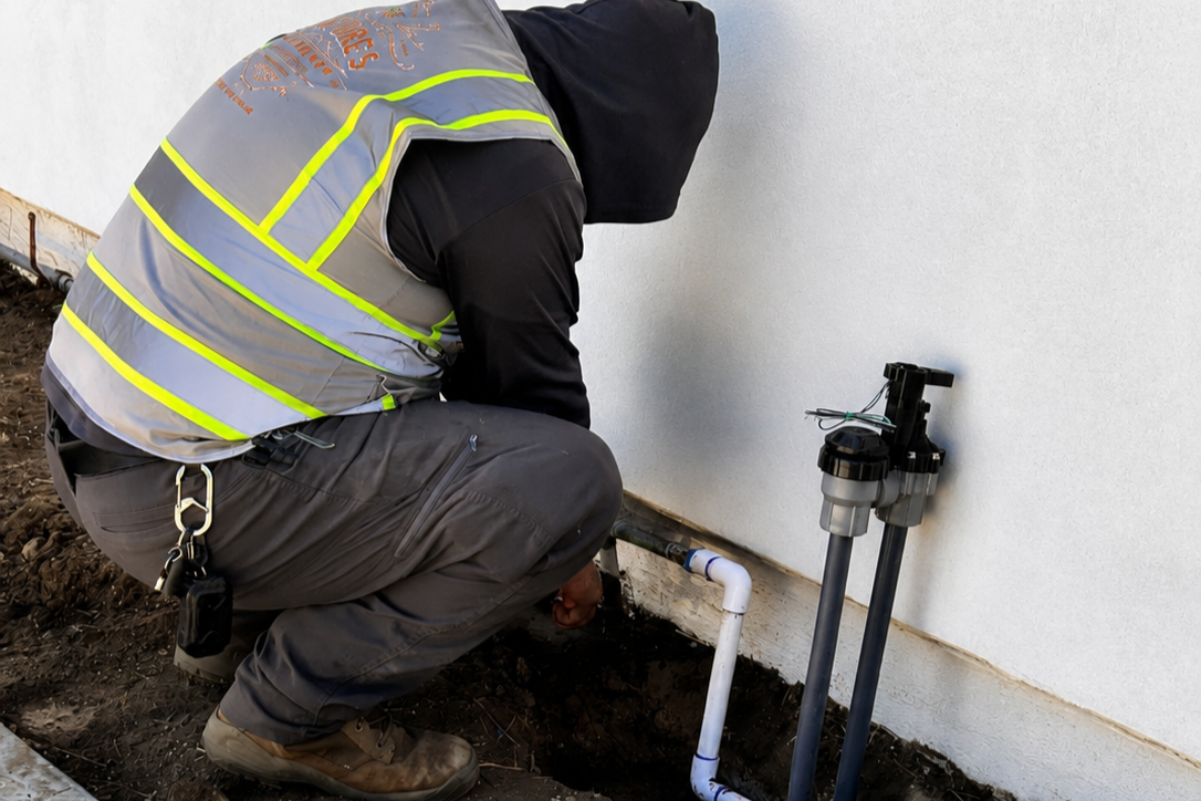 A person crouching next to an outdoor wall, working on a plumbing pipe near the ground, wearing a safety vest and a hoodie.