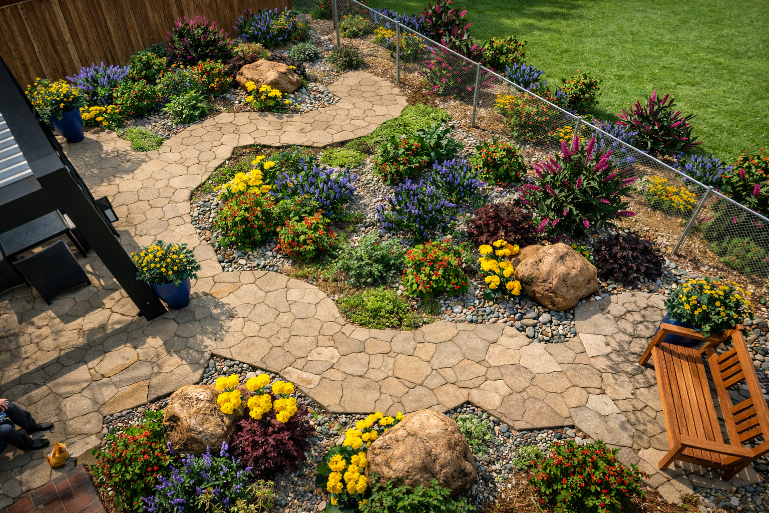 A landscaped backyard garden with a stone pathway, colorful flowers like marigolds and petunias, large rocks, a wooden bench, potted plants, and a grassy lawn enclosed with a thin wire fence.