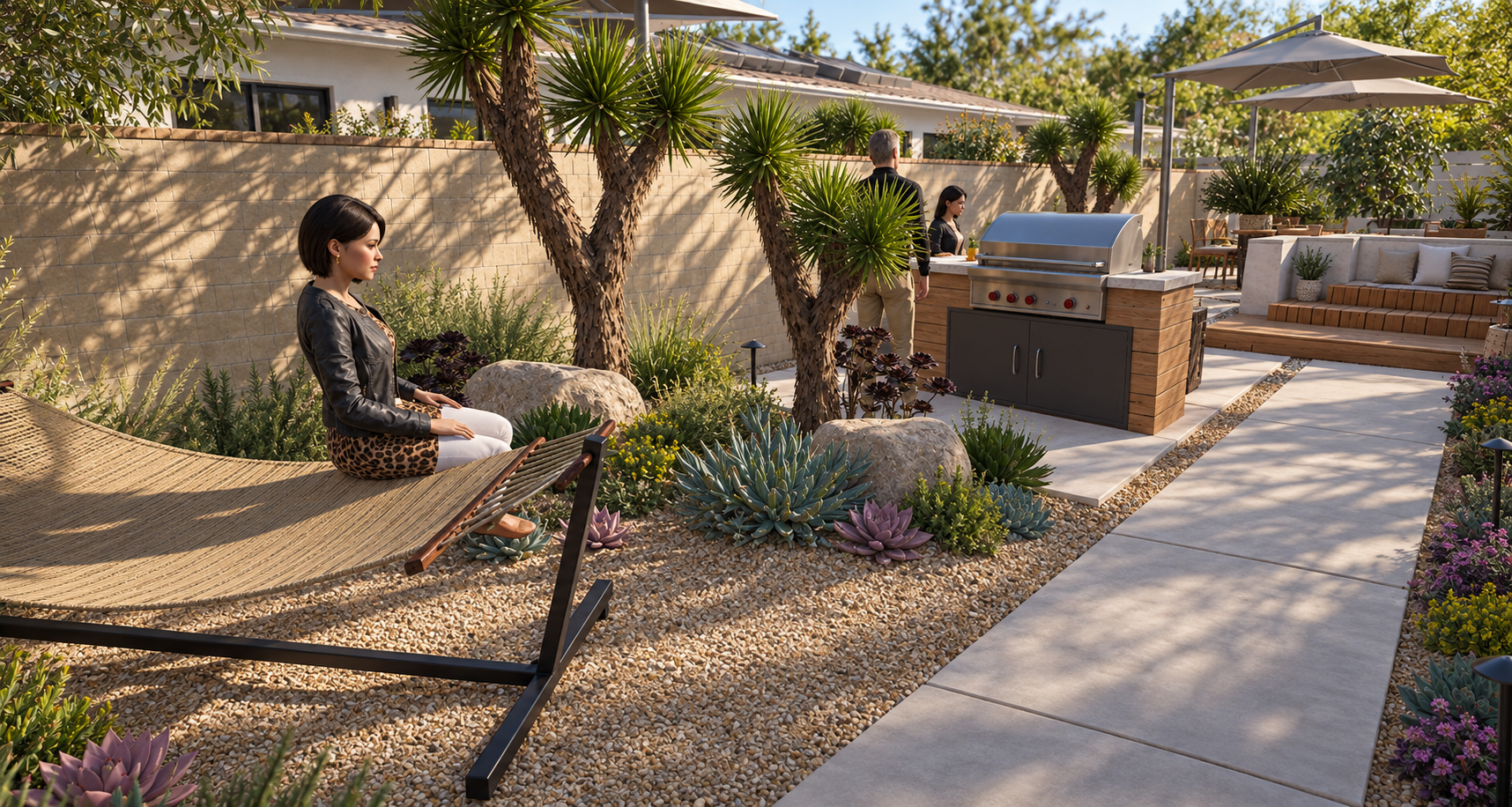 A woman sitting on a lounge chair in a backyard garden with desert plants and trees, while other people grill at a barbecue station near a patio with outdoor seating.
