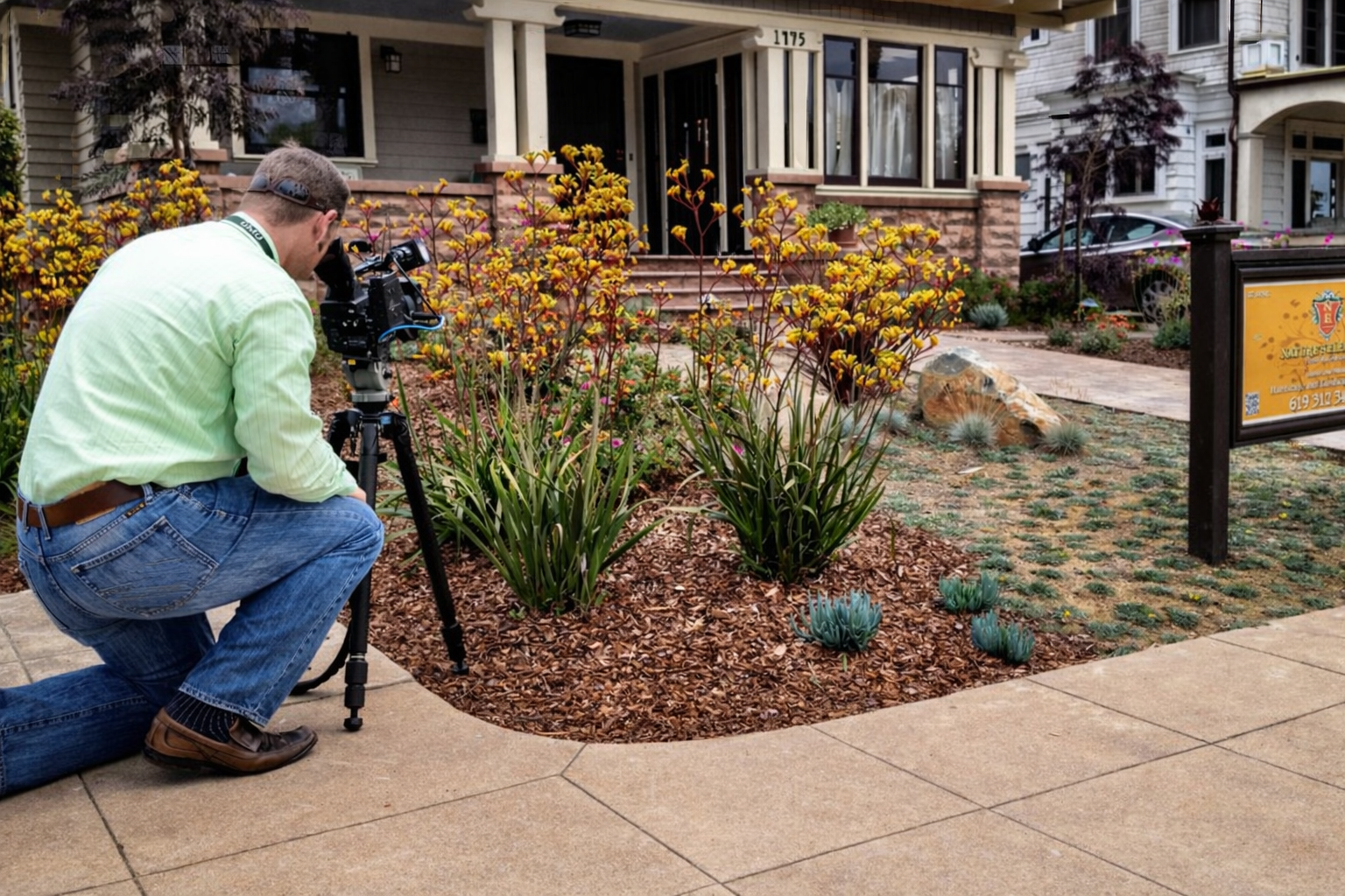 A man kneeling and filming with a professional video camera on a tripod in front of a house with a garden and colorful flowers.