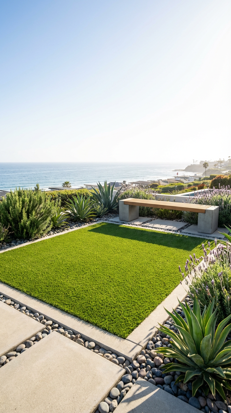A backyard garden with a green synthetic turf patch, surrounded by dry tolerant plants, and a concrete and wooden bench. The view overlooks the ocean with a clear sky and distant palm trees. Fire pit Construction custom built to sand finish